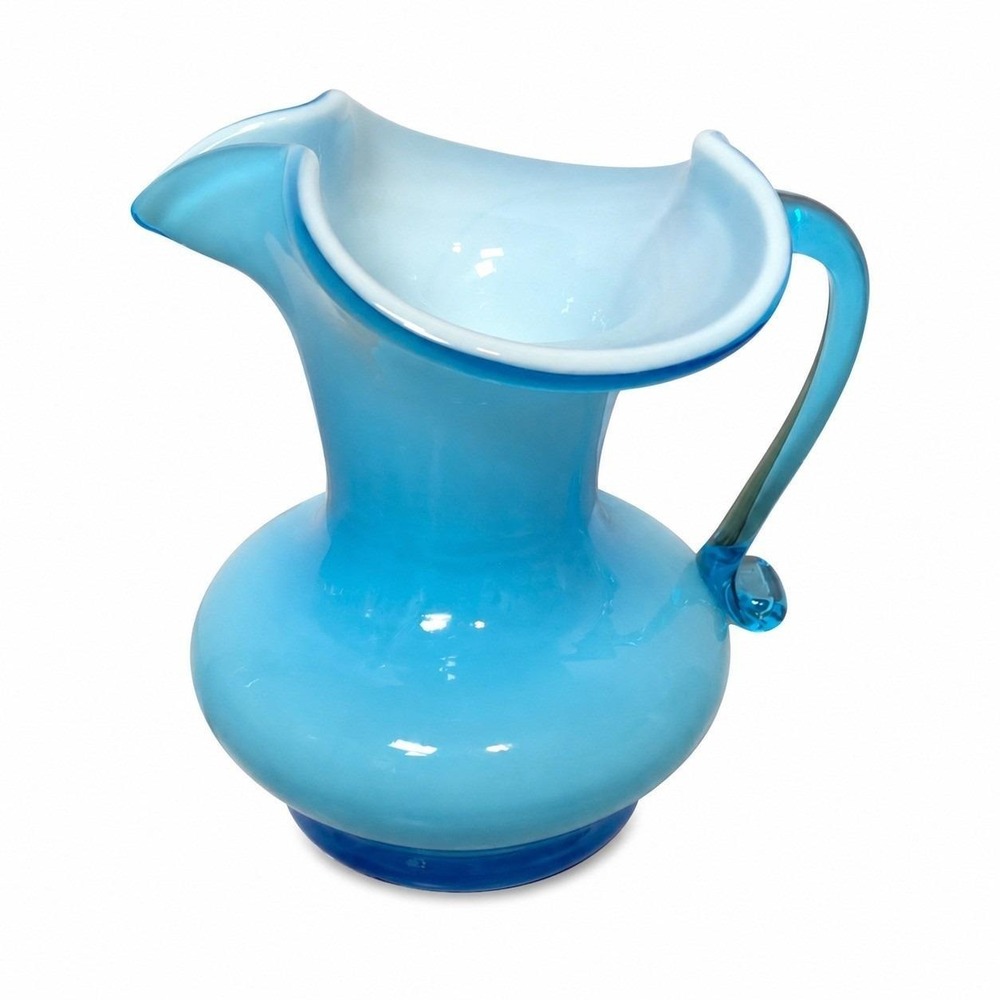Vintage Blue Opalescent Art Glass Pitcher Creamer Vase Applied Handle 5.5"